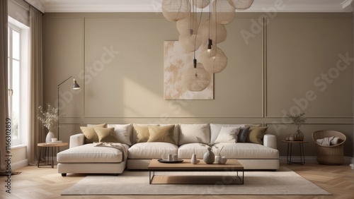 warm living room interior with decorative elements, khaki wall color