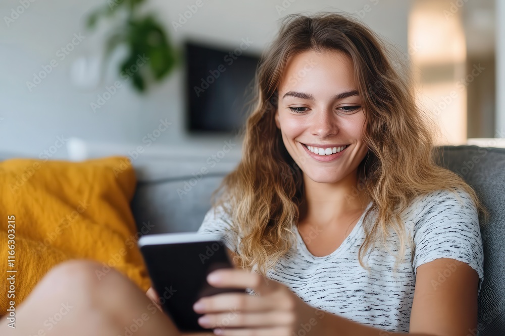 Young woman enjoys her leisure time scrolling through social media on her smartphone in a cozy living room Young woman enjoys her leisure time scrolling through social media on her smartphone in a cozy living room