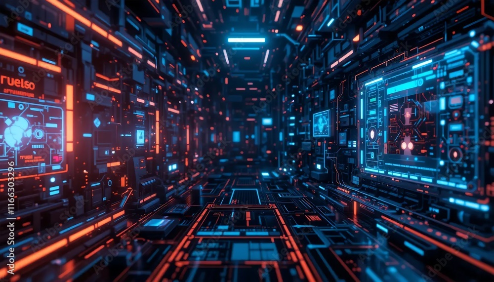 Cyberpunk Corridor: Futuristic Tech Tunnel with Neon Lights - Stock Photo Cyberpunk Corridor: Futuristic Tech Tunnel with Neon Lights - Stock Photo