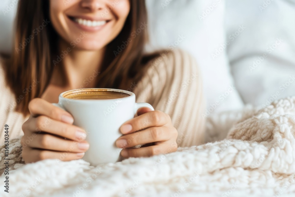 Enjoying a warm cup of coffee while relaxing in cozy comfort on a peaceful morning Enjoying a warm cup of coffee while relaxing in cozy comfort on a peaceful morning