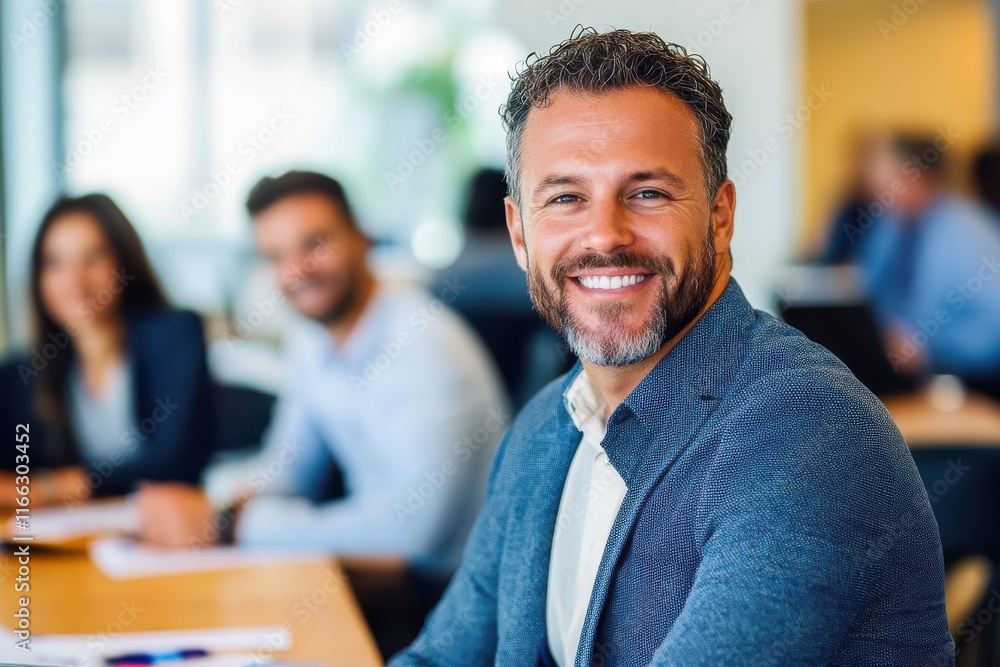 Confident businessman engages in lively discussion with colleagues in a modern office setting Confident businessman engages in lively discussion with colleagues in a modern office setting