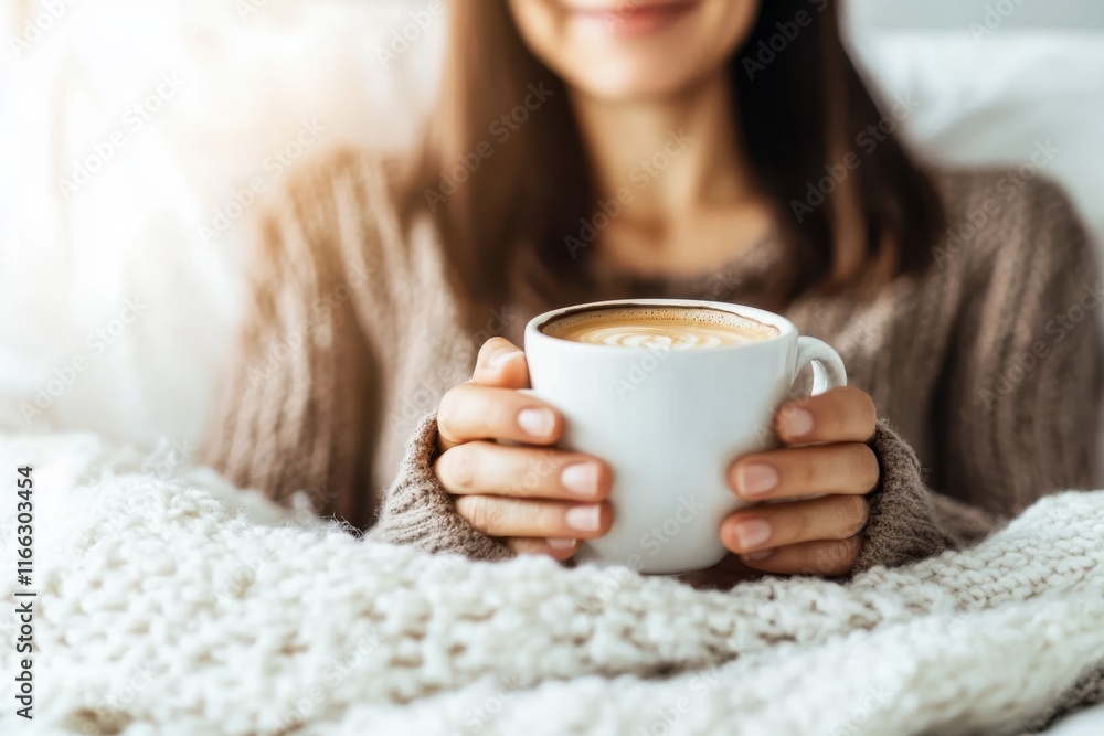 Cozy moments in a warm blanket with a steaming cup of coffee on a chilly morning indoors Cozy moments in a warm blanket with a steaming cup of coffee on a chilly morning indoors