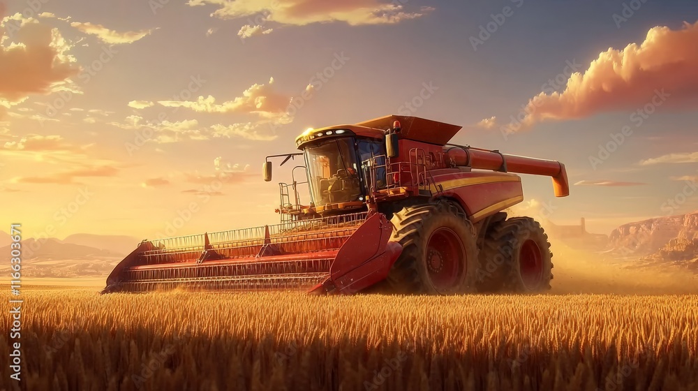 Fototapeta premium Dynamic Farming Scene with Combine Harvester at Sunset