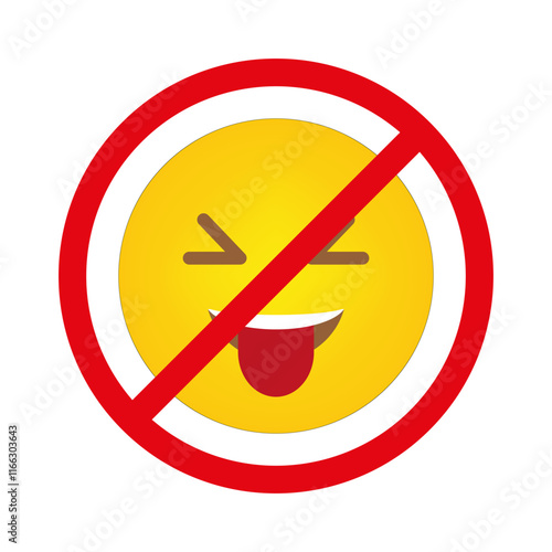 Prohibited emoji icon. Yellow laughing emoji. Red no sign. Vector prohibition symbol.