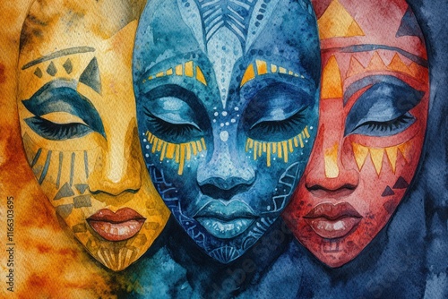 Cultural beauty - mesmerizing watercolor piece depicting African themes, showcasing bold textures, landscapes, traditional symbols, celebrating unique beauty, diversity of the African experience. photo