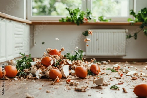 Eggs and greens scattered across the kitchen floor create a chaotic culinary accident during weekend cooking photo