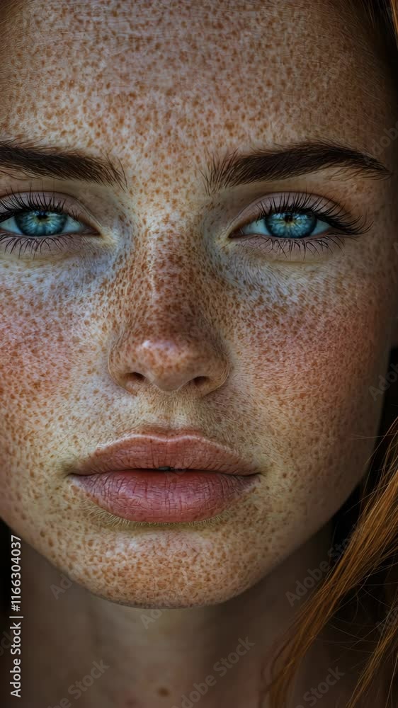 Portrait of a young woman with freckles and striking blue eyes captured in natural light Portrait of a young woman with freckles and striking blue eyes captured in natural light
