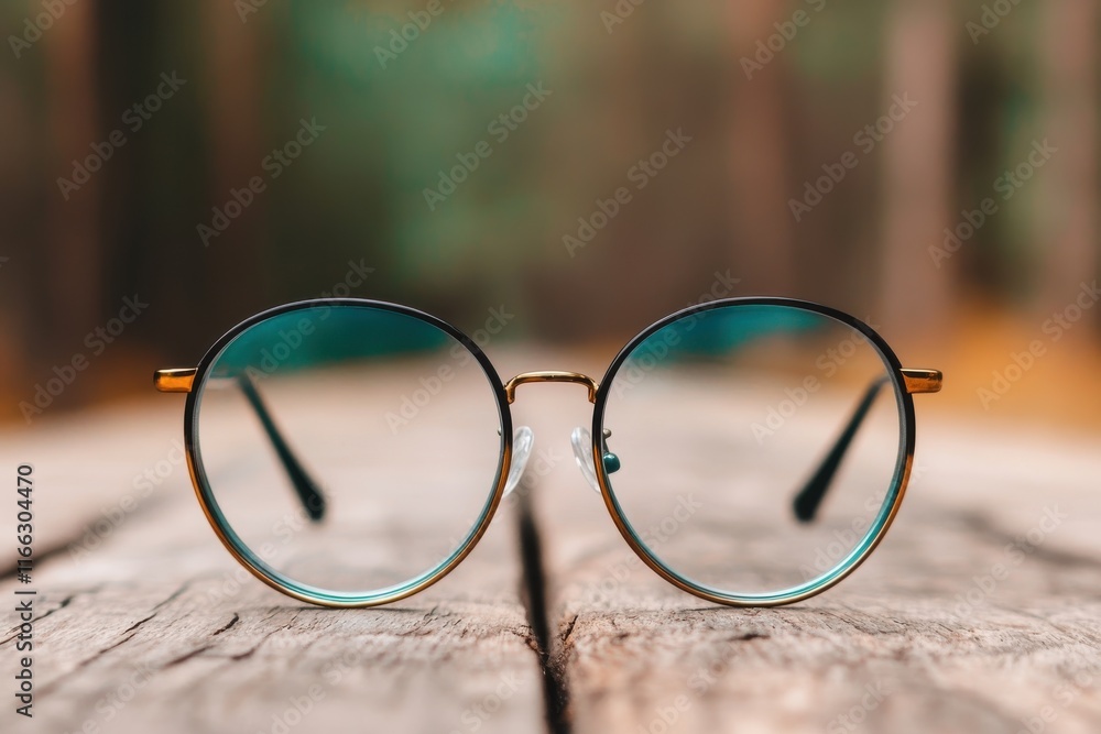 Stylish round glasses resting on a rustic wooden table in a tranquil outdoor setting surrounded by soft natural light Stylish round glasses resting on a rustic wooden table in a tranquil outdoor setting surrounded by soft natural light