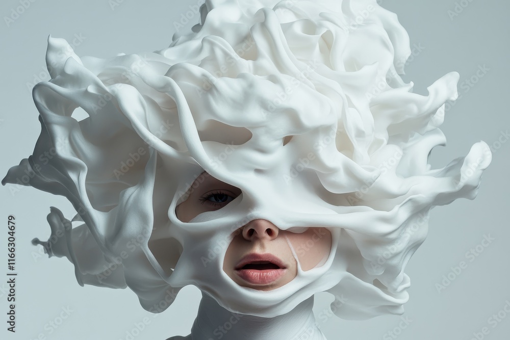 Naklejka premium Creating a surreal masterpiece with an ethereal figure adorned in intricate white foam, blending art and fashion in a striking portrayal