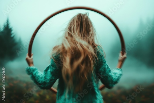 Mysterious forest journey with a woman holding a hoop in a misty landscape photo