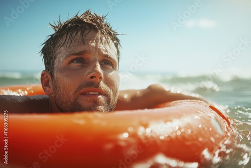 Surfer enjoys the ocean’s embrace while floating with a bright lifebuoy at sunset photo