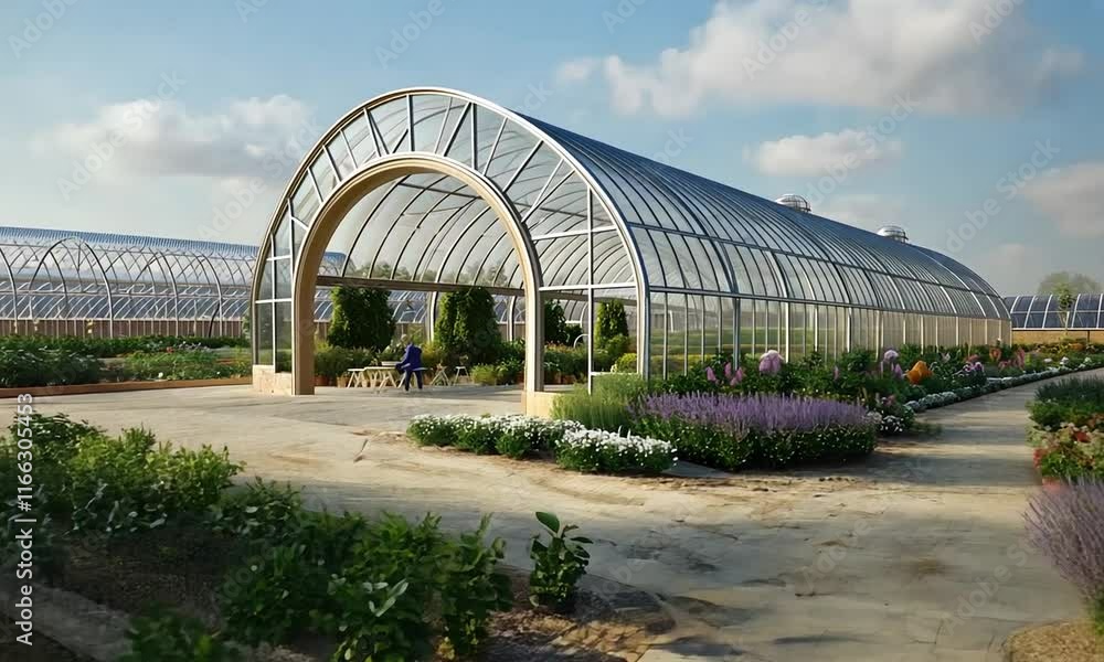A modern greenhouse surrounded by lush gardens and blooming plants. A modern greenhouse surrounded by lush gardens and blooming plants.