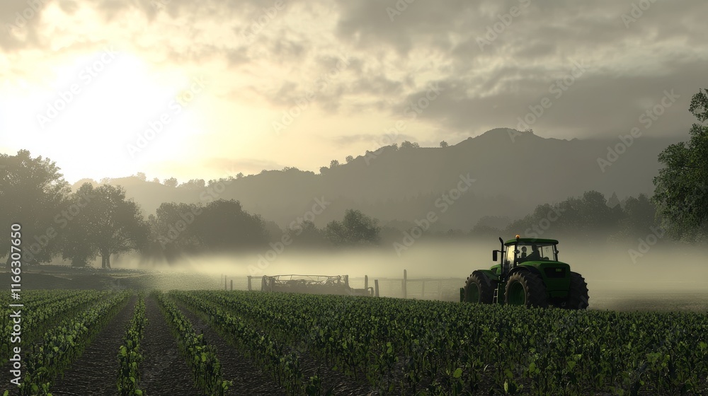 Fototapeta premium Tractor in Serene Farmland at Sunrise with Soft Light
