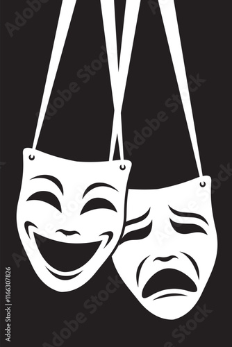 icon of comedy and tragedy theatrical masks with ribbon isolated on black background