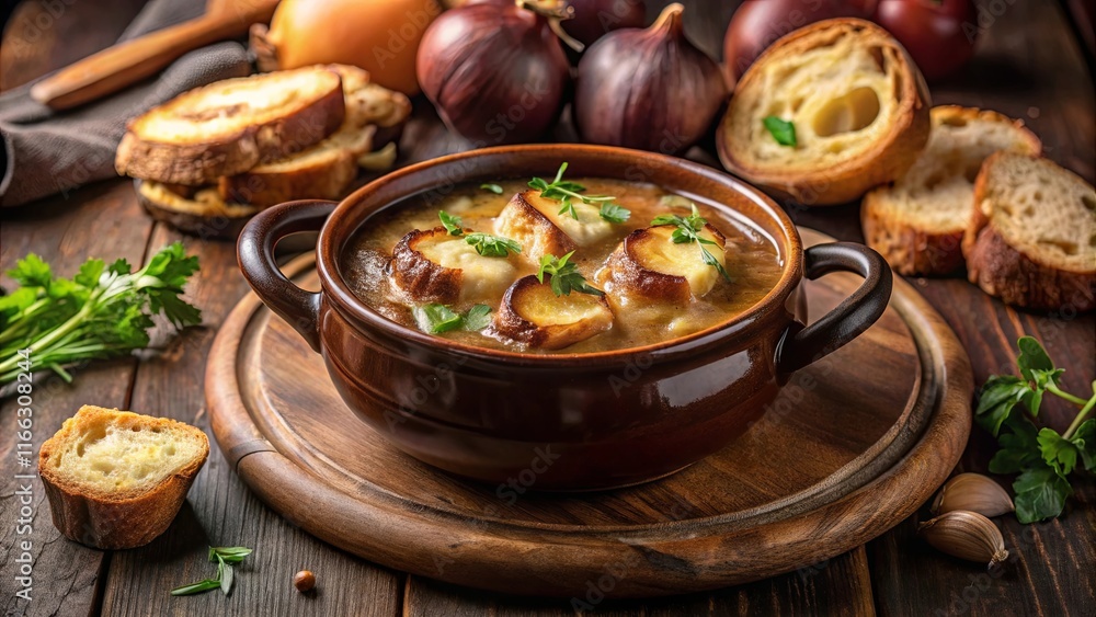 Aromatic French Onion Soup in Rustic Bowl with Toasted Bread Aromatic French Onion Soup in Rustic Bowl with Toasted Bread