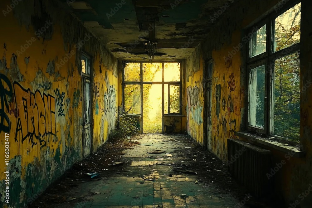 Obraz premium Grunge, decayed hall with light at the end.