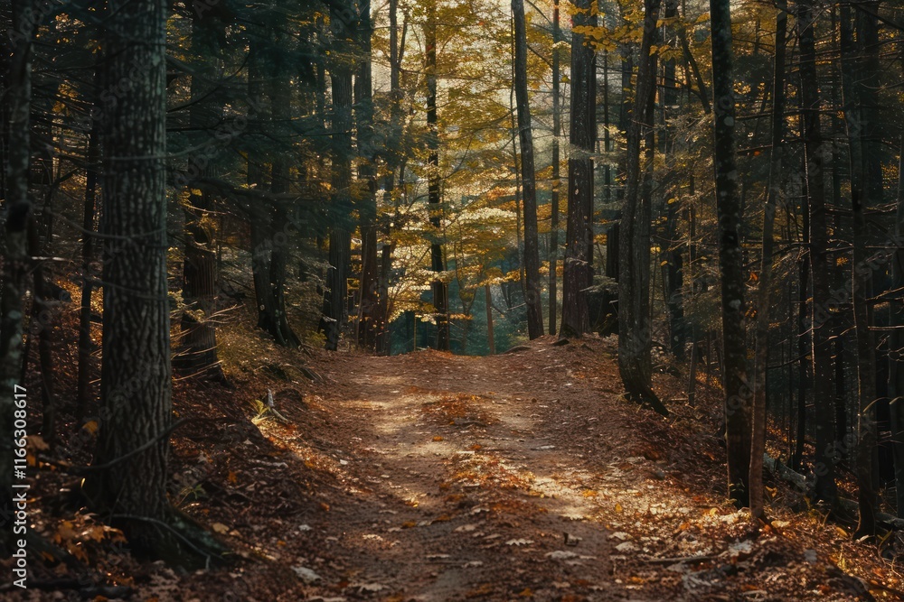 A serene forest path illuminated by autumn foliage, inviting exploration and tranquility. A serene forest path illuminated by autumn foliage, inviting exploration and tranquility.