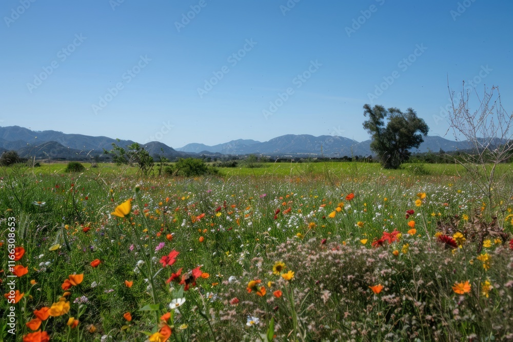 A vibrant field of wildflowers with mountains in the background under a clear blue sky. A vibrant field of wildflowers with mountains in the background under a clear blue sky.