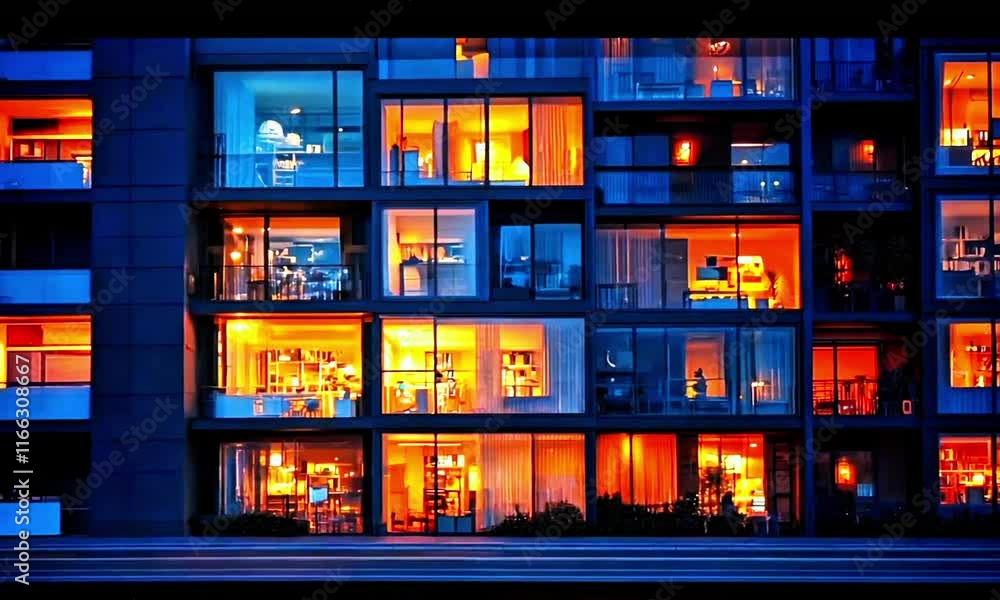 Modern apartment building at night with glowing windows revealing cozy interiors, showcasing urban living and contemporary design Perfect for real estate, architecture, and lifestyle video Modern apartment building at night with glowing windows revealing cozy interiors, showcasing urban living and contemporary design Perfect for real estate, architecture, and lifestyle video
