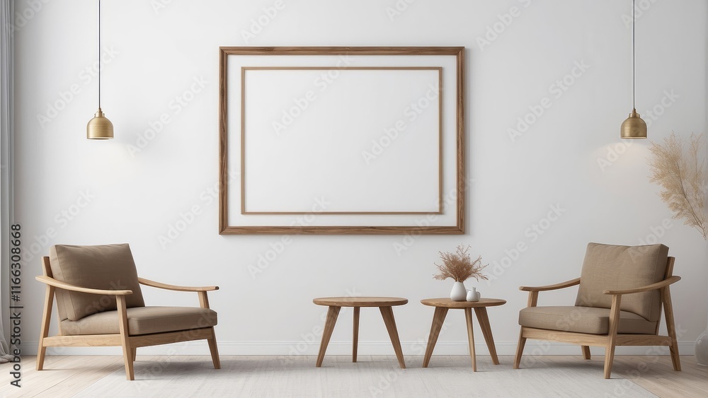 living room design with frame, minimalist chairs, white wall living room design with frame, minimalist chairs, white wall