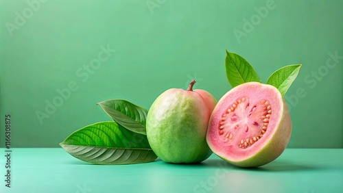 Wallpaper Mural A vibrant still life featuring whole and halved guava fruit, accented by lush green leaves against a serene green backdrop. Torontodigital.ca