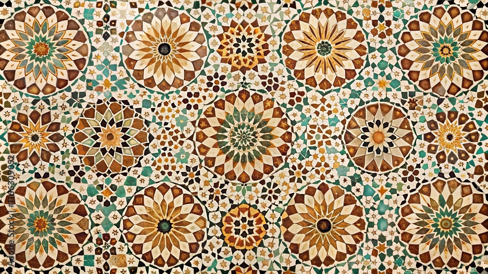 Intricate Geometric Mosaic Tilework Featuring Radial and Star Patterns Intricate Geometric Mosaic Tilework Featuring Radial and Star Patterns