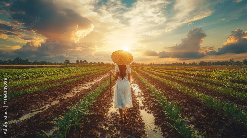 Fototapeta premium Peaceful Farmer Adjusting Irrigation at Sunset