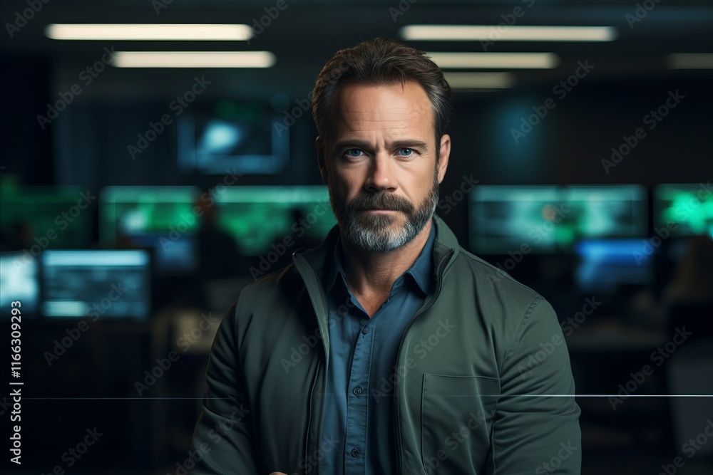 Portrait of a handsome mature man standing in front of computer monitors. Portrait of a handsome mature man standing in front of computer monitors.