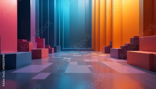 Wallpaper Mural Abstract Geometric Room Interior Design: Neon Lights and Colorful Blocks - Stock Photo Torontodigital.ca