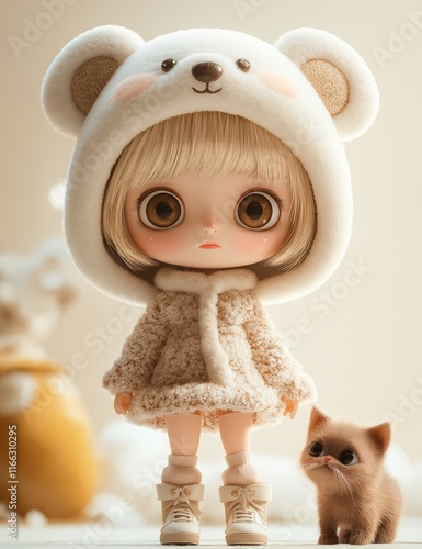 Adorable BJD Doll in Bear Hoodie with Kitten Companion A Cute Winter Scene photo