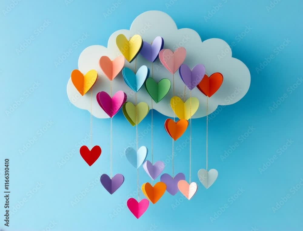 A playful cascade of multicolored hearts from a white cloud A playful cascade of multicolored hearts from a white cloud
