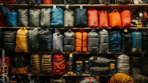 Rental of camping equipment and necessities neatly arranged in one room. photo