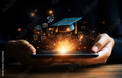 This image illustrates a transformative educational experience, merging technology and learning, represented by a graduation cap emerging from a smartphone