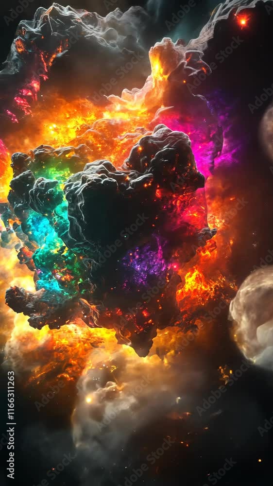 Colorful cosmic explosion with vibrant nebula and asteroid in the background Colorful cosmic explosion with vibrant nebula and asteroid in the background