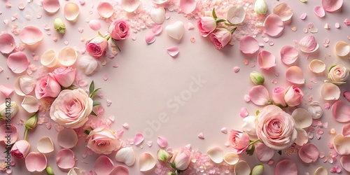 Delicate Pink Roses and Petals Frame a Blank Space