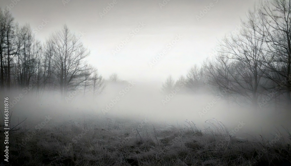 Naklejka premium Soft Fog Overlay: A barely-there fog texture in white and light gray tones, creating a hazy landscape.