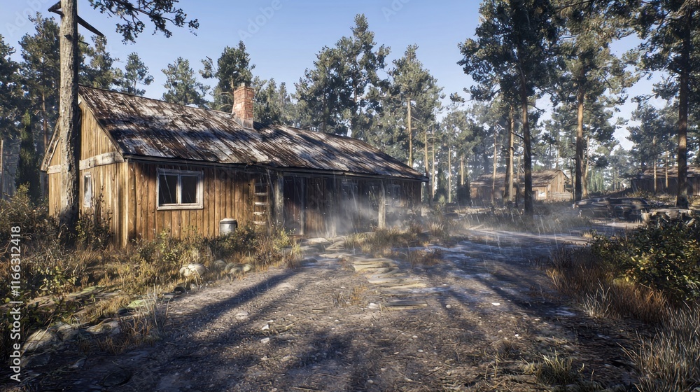 A rustic, abandoned cabin surrounded by trees and mist. A rustic, abandoned cabin surrounded by trees and mist.