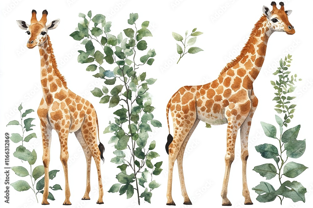 Fototapeta premium Two illustrated giraffes surrounded by green foliage.