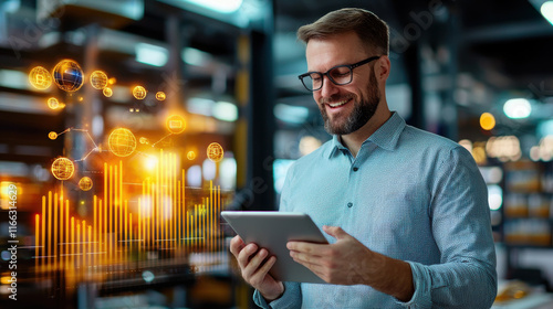 professional man using tablet to analyze big data trends, smiling with digital graphs and icons in background, showcasing modern technology and analytics