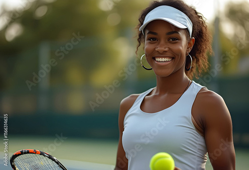 Portrait, tennis player and black woman with smile, match and confident of skills for competition. Outdoor, proud and athlete with ball, fitness and professional in game, court and racket for sports
 photo