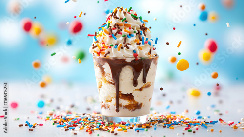 classic ice cream sundae topped with cho te syrup and colorful sprinkles, creating delightful and festive dessert experience