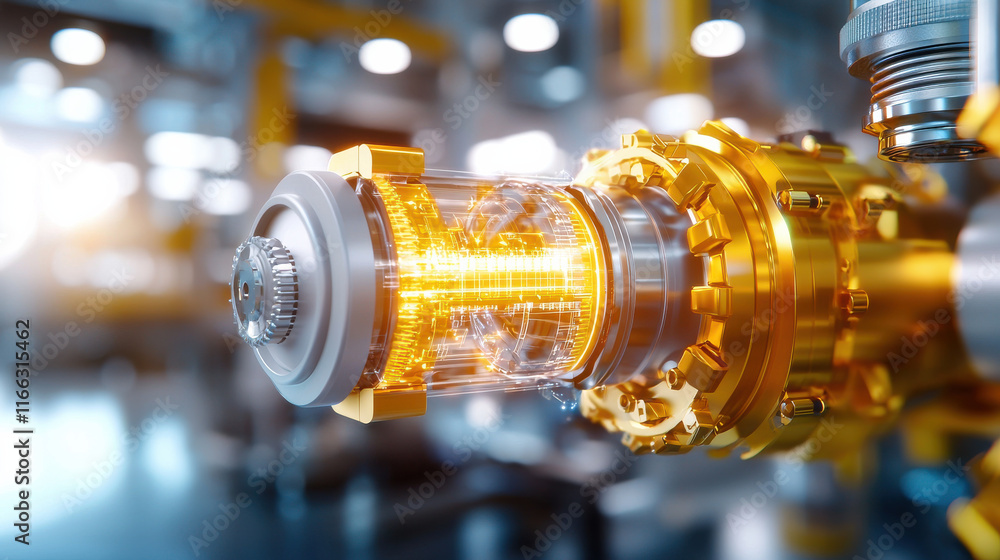 Obraz premium close up of futuristic mechanical component showcasing intricate details and glowing elements, representing advanced technology and innovation in engineering