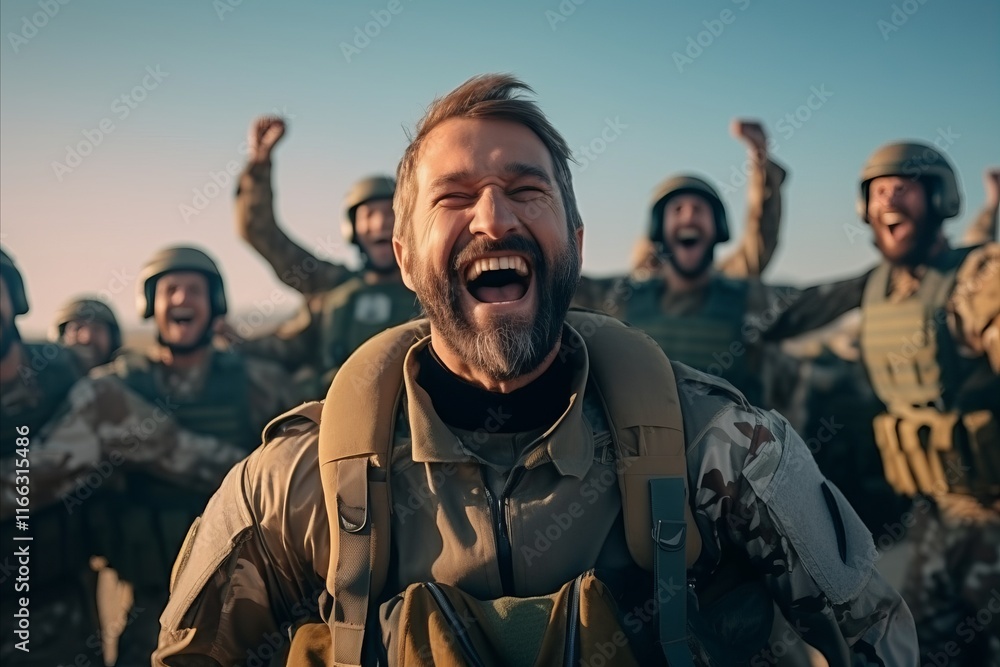 Group of happy soldiers celebrating with arms raised in a military scene. Group of happy soldiers celebrating with arms raised in a military scene.