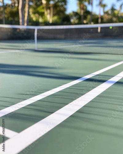A close-up view of a tennis court with net and shadows.