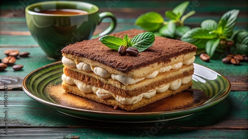 Delicious layered dessert, rich creamy filling, cocoa dusting, served on a plate with a cup of tea photo