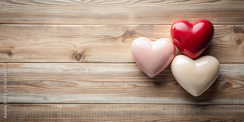 Three glossy hearts on rustic wood background perfect for Valentine's Day or romantic occasion Three glossy hearts on rustic wood background perfect for Valentine's Day or romantic occasion