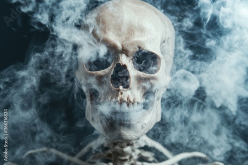 Intriguing skeleton shrouded in wisps of eerie smoke in a mysterious atmosphere photo