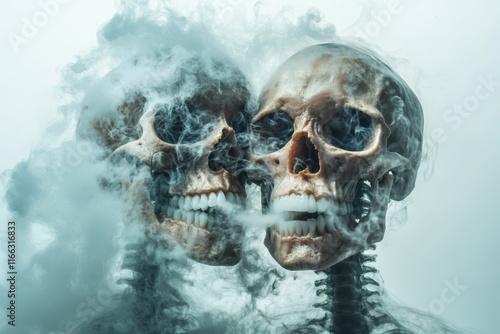 Mysterious encounter between two skeletal figures shrouded in wisps of fog and smoke photo