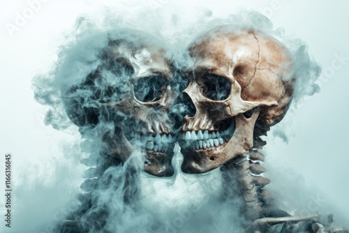 Two skeletal figures entwined in a foggy embrace, symbolizing the dance of life and death in a hauntingly artistic portrayal