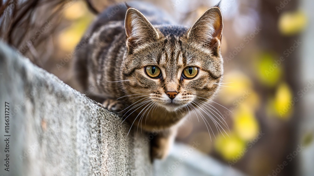 A focused cat crouching on a ledge, showcasing its alert expression in a natural setting. A focused cat crouching on a ledge, showcasing its alert expression in a natural setting.